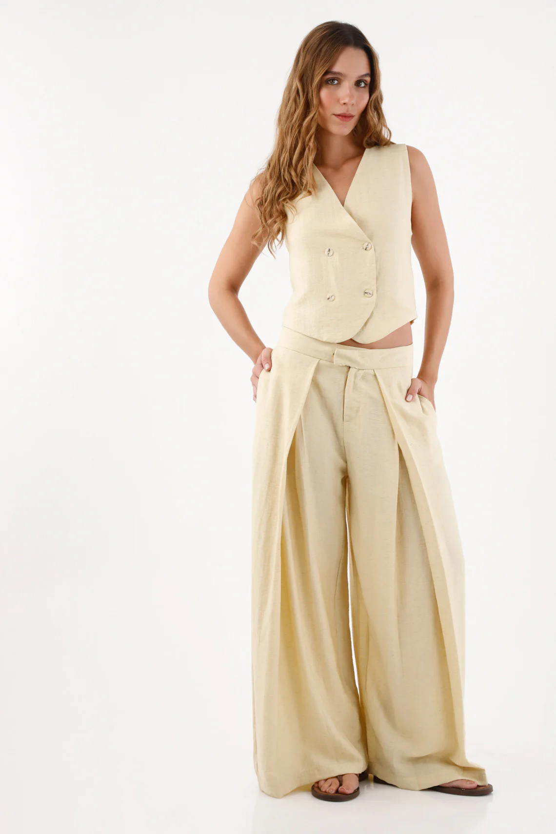 Women’s Sand Linen Palazzo Pants with Front Pleats