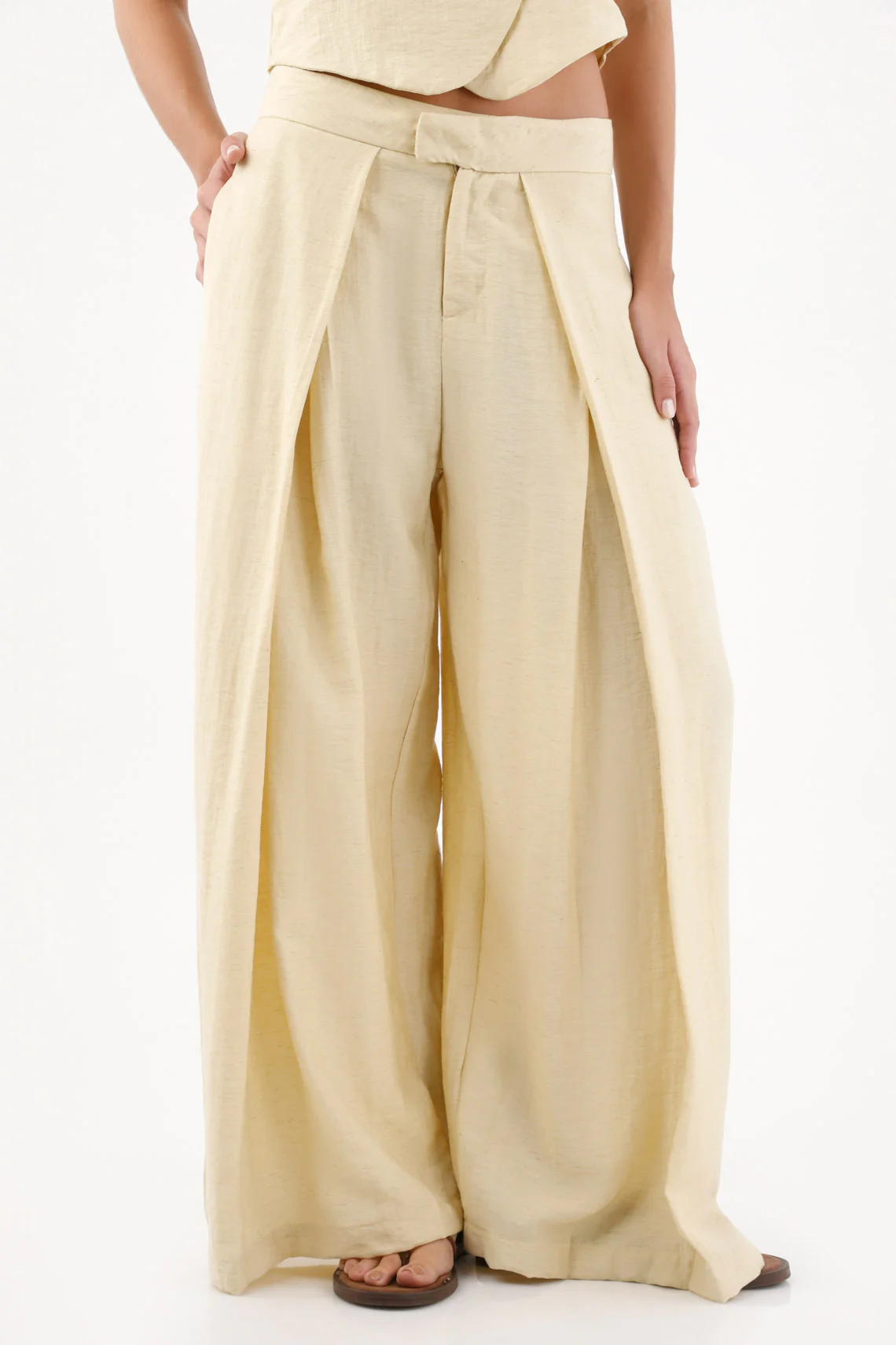 Women’s Sand Linen Palazzo Pants with Front Pleats - Image 3