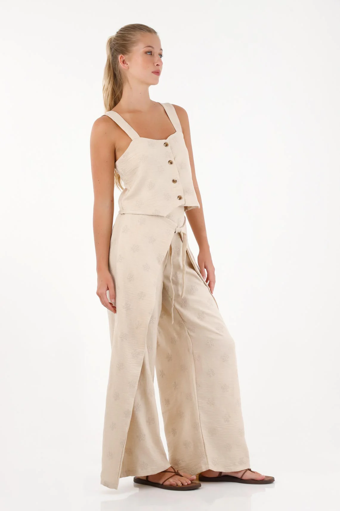 Women's Spaghetti Strap Top in Beige Relaxed Fit with Buttons - Image 2