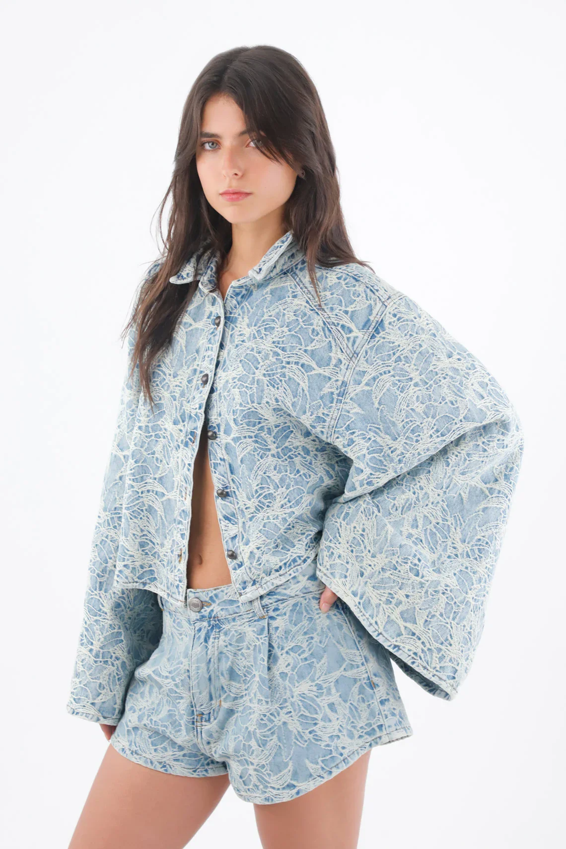 Women’s Oversized Cotton Blue Shirt with Floral Print - Image 2