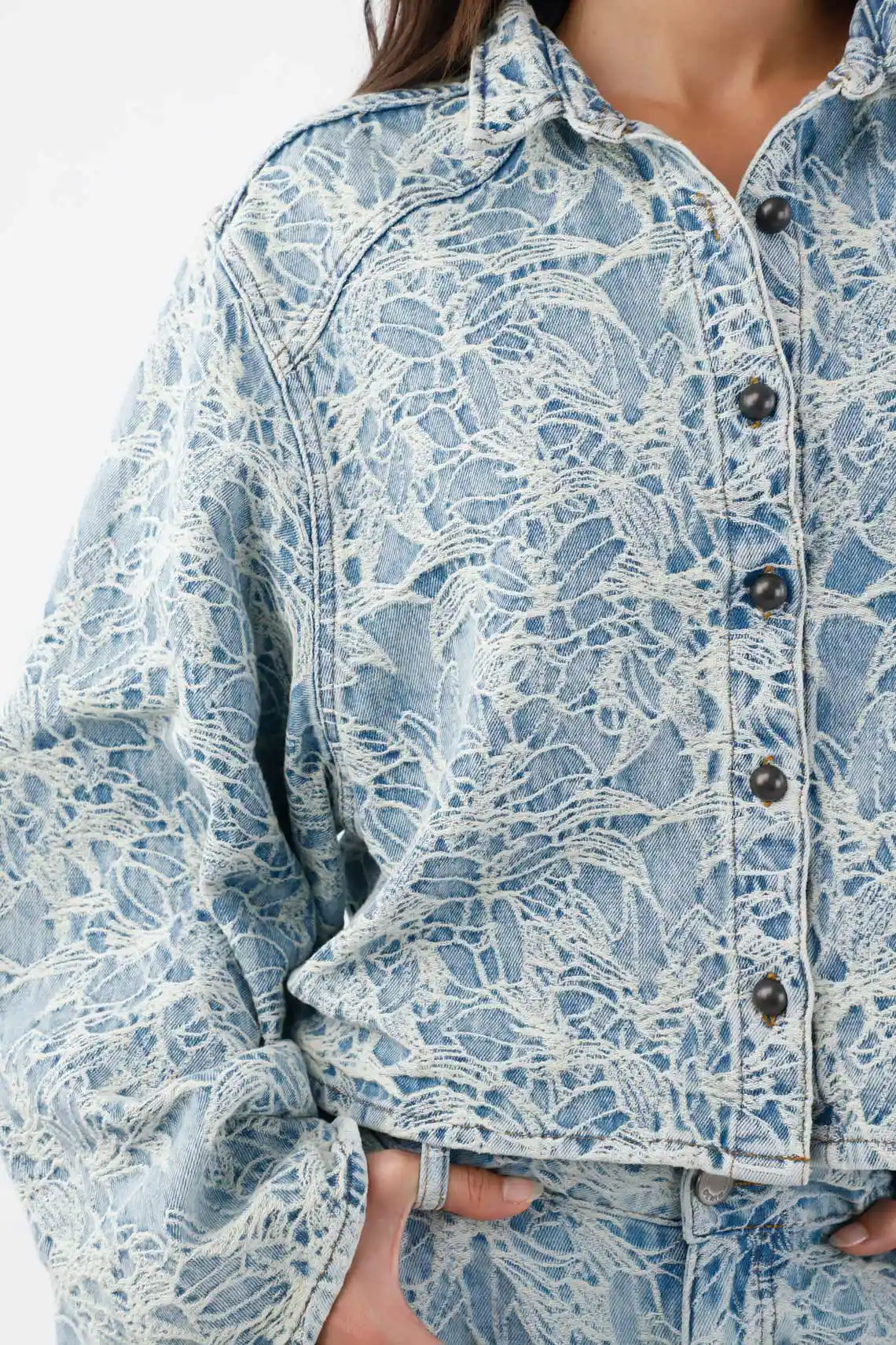 Women’s Oversized Cotton Blue Shirt with Floral Print - Image 3