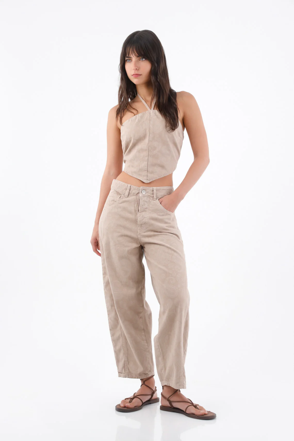 Beige Short Cotton Halter Top with Straps for Women