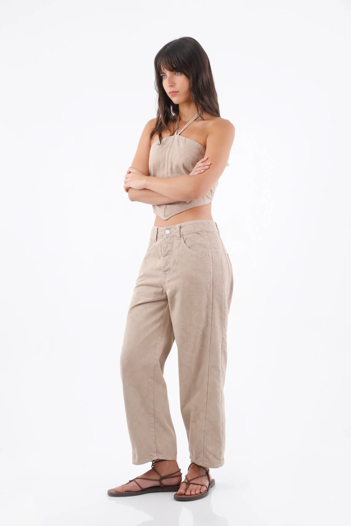 Beige Short Cotton Halter Top with Straps for Women - Image 2