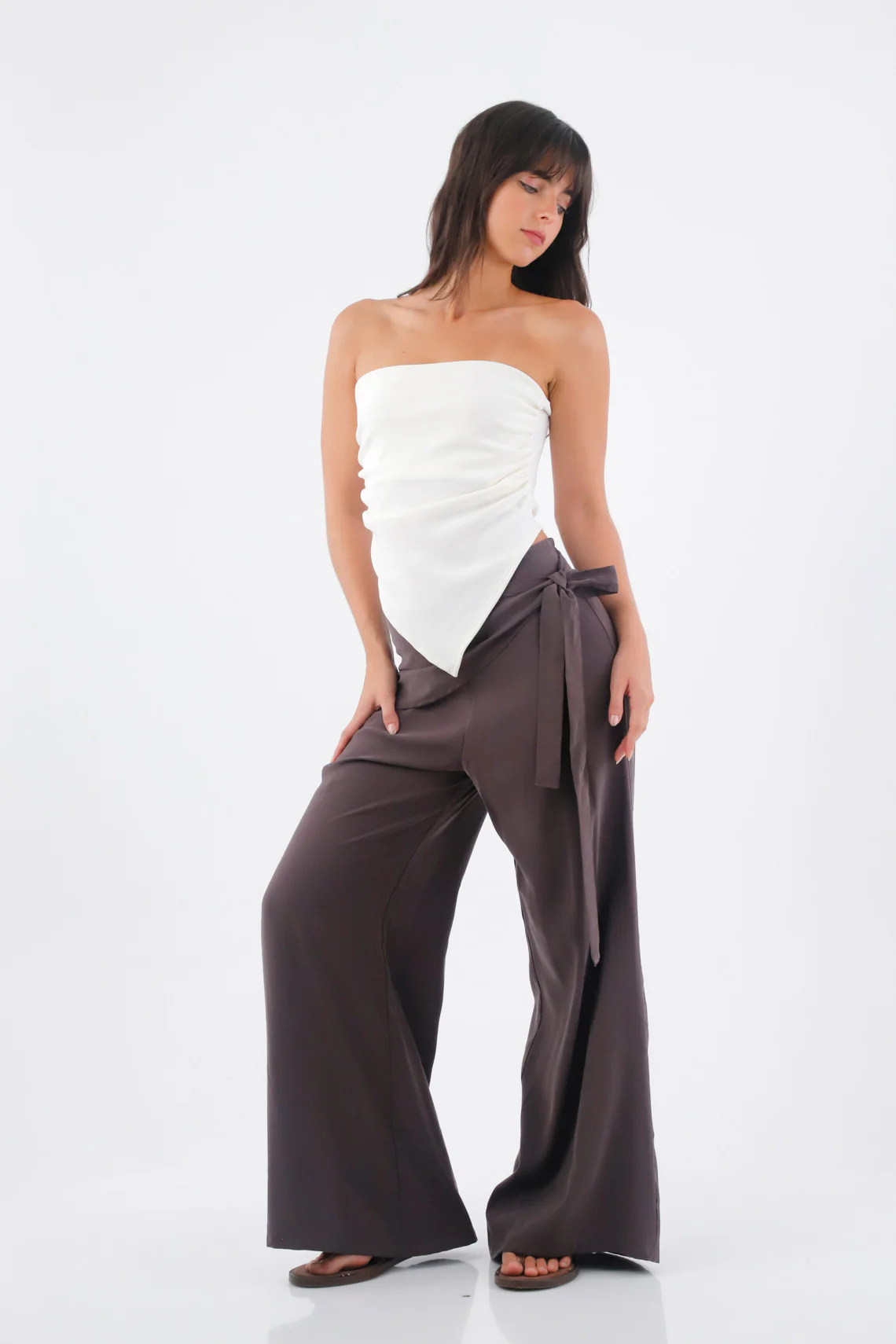 Women's Brown Palazzo Trousers with Crossed Waist - Image 2