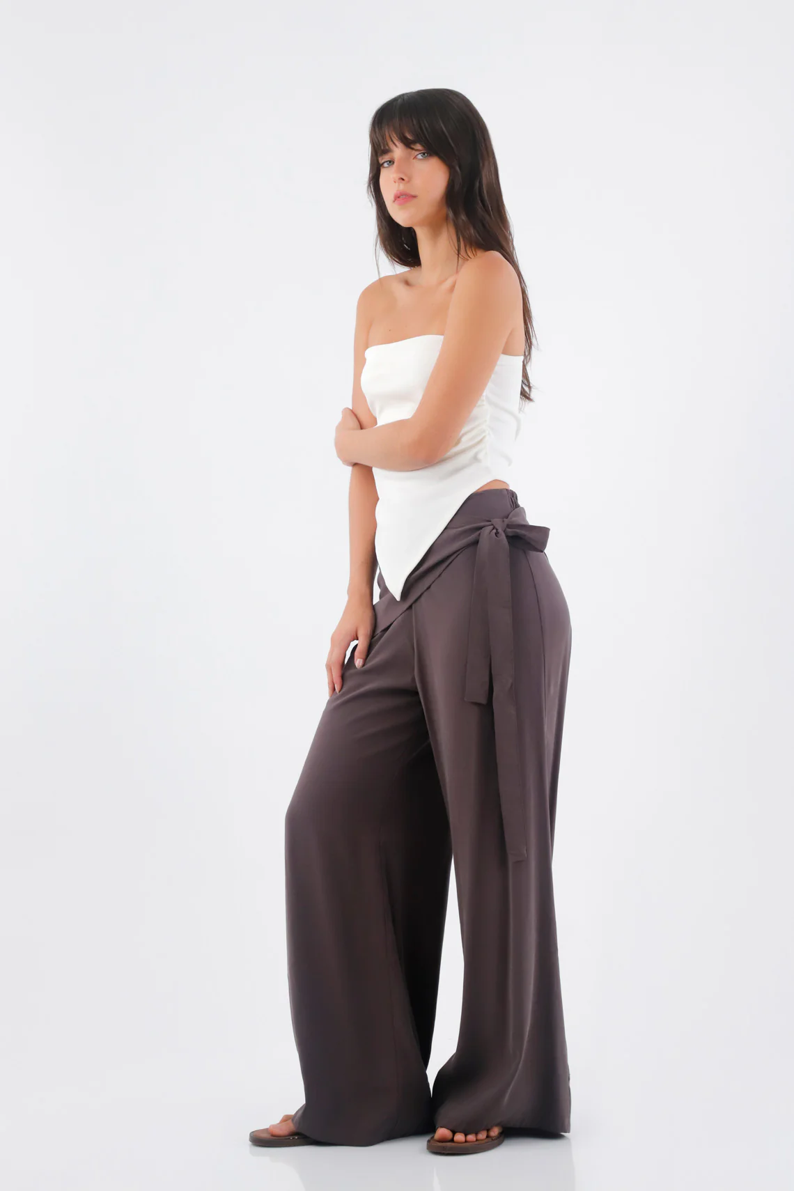 Women's Brown Palazzo Trousers with Crossed Waist - Image 3