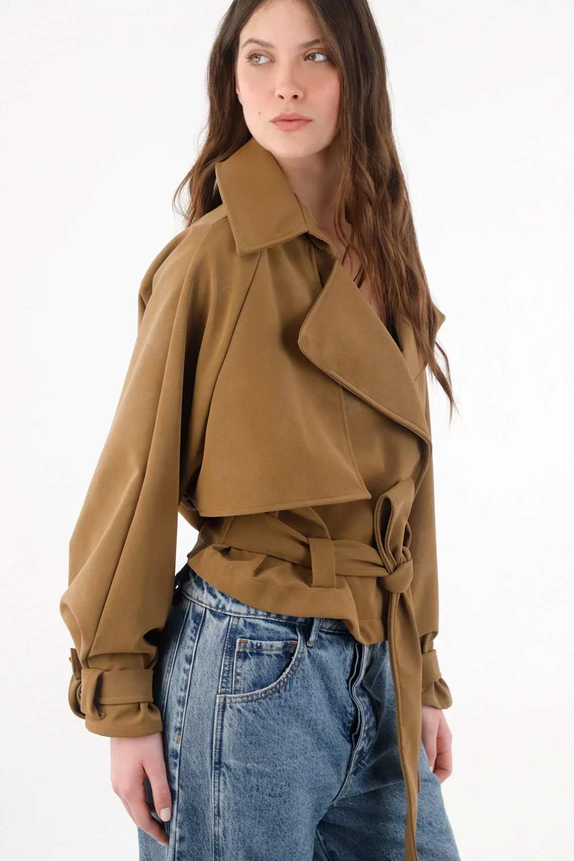 Camel Polyester Jacket for Women with Belt - Image 3
