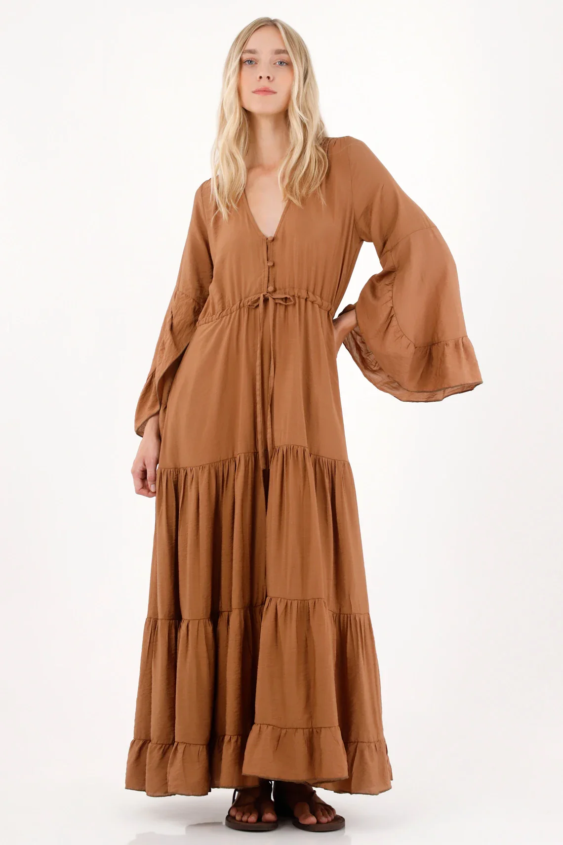 Brown Maxi Boho Viscose-Polyamide Women's Dress with Ruffles Summer
