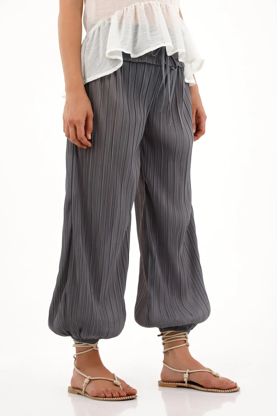 Gray Pleated Texture Jogger Pants for Women - Image 3