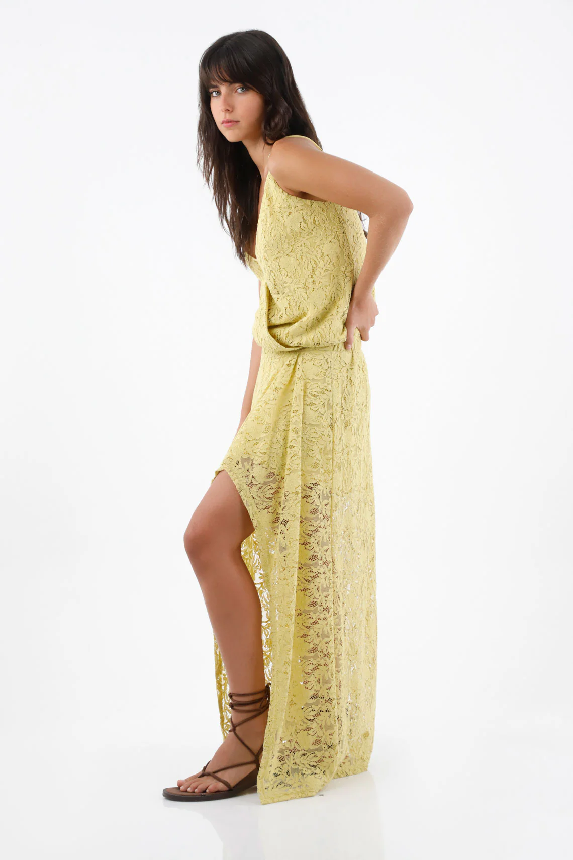 Women’s Spaghetti Strap Cotton Lace Top in Yellow, Relaxed Fit with Crossed Neckline - Image 2