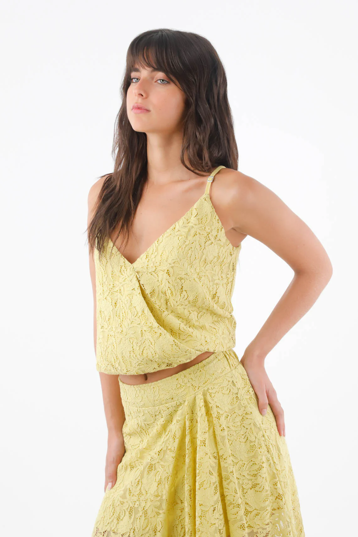 Women’s Spaghetti Strap Cotton Lace Top in Yellow, Relaxed Fit with Crossed Neckline - Image 3