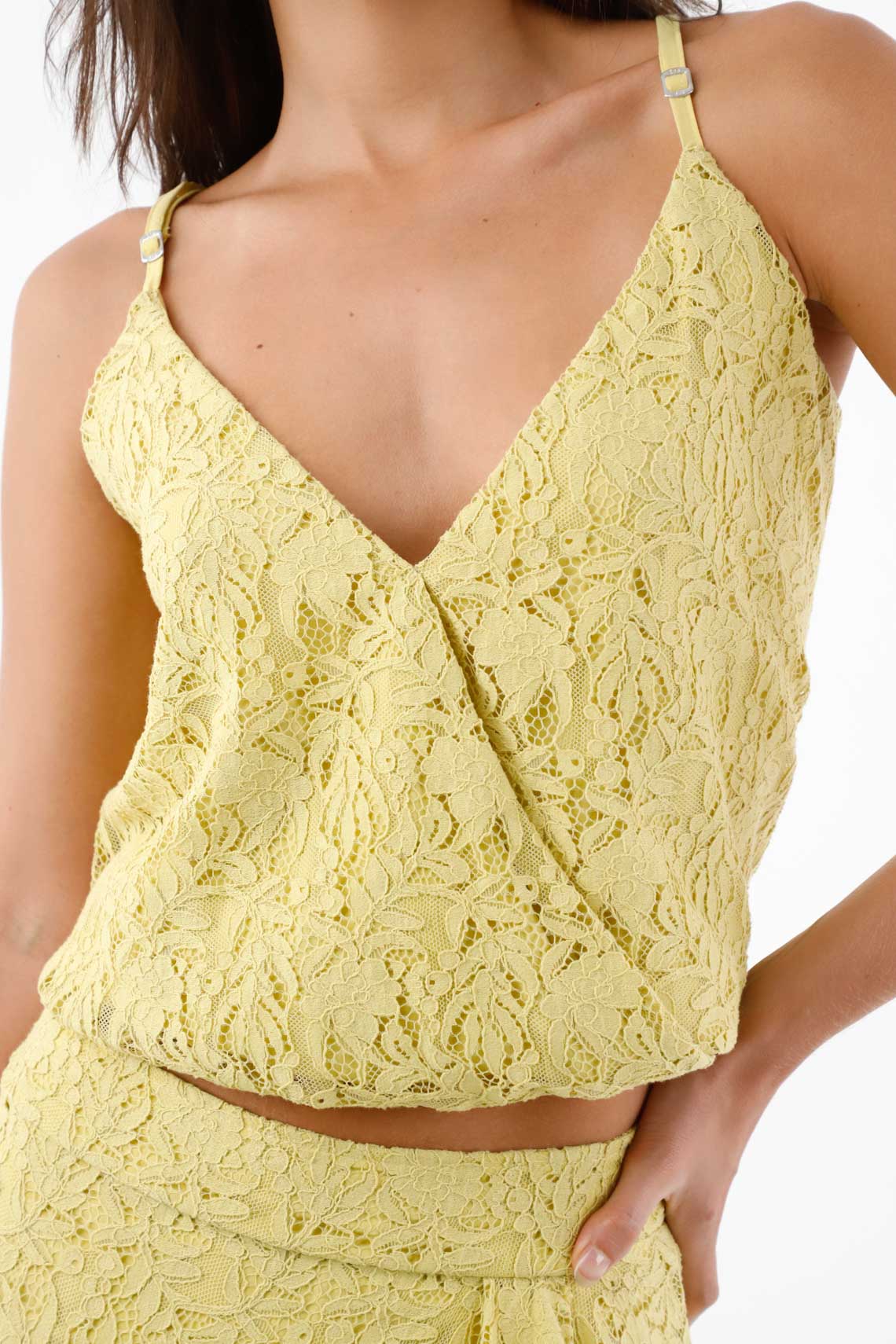 Women’s Spaghetti Strap Cotton Lace Top in Yellow, Relaxed Fit with Crossed Neckline - Image 4
